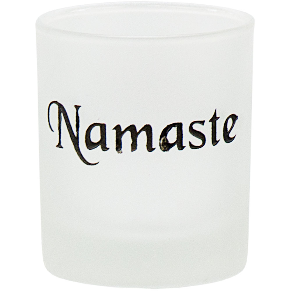 Etched GLASS Votive Holder Namaste Black (Each)