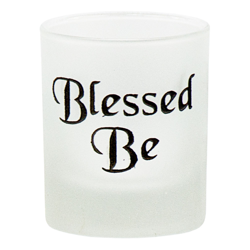 Etched Glass Votive Holder Blessed Be Black (Each)