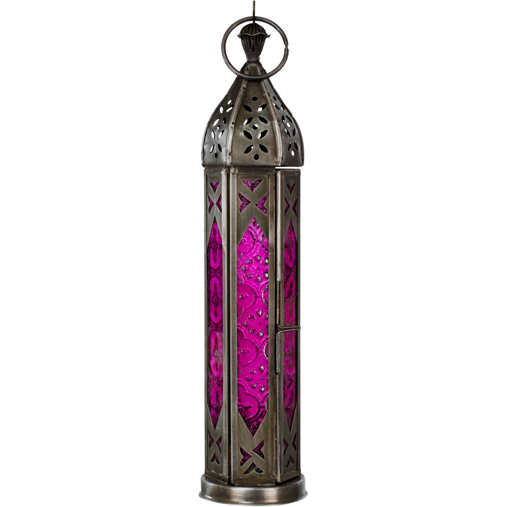 Glass & METAL Lantern Tower Pink & clear (Each)