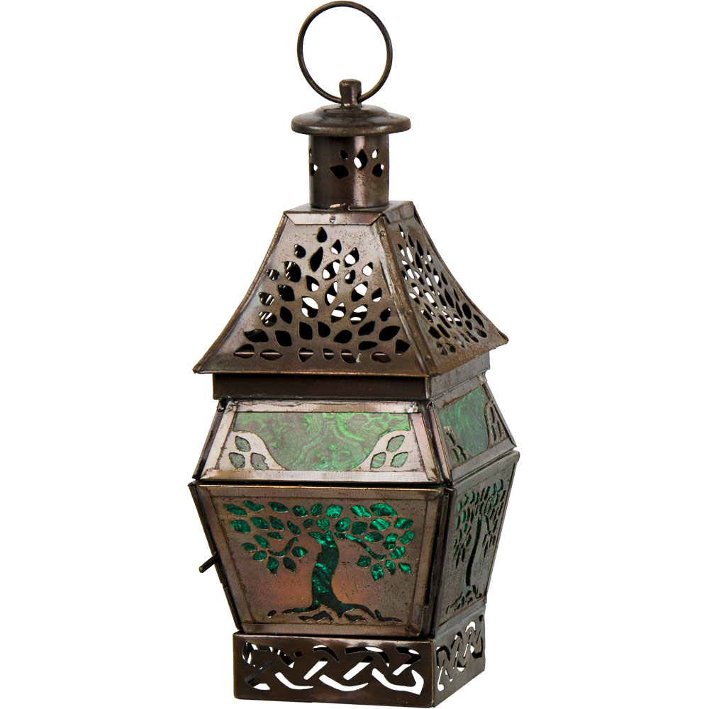 Glass & METAL Lantern Tree of Life Green (Each)