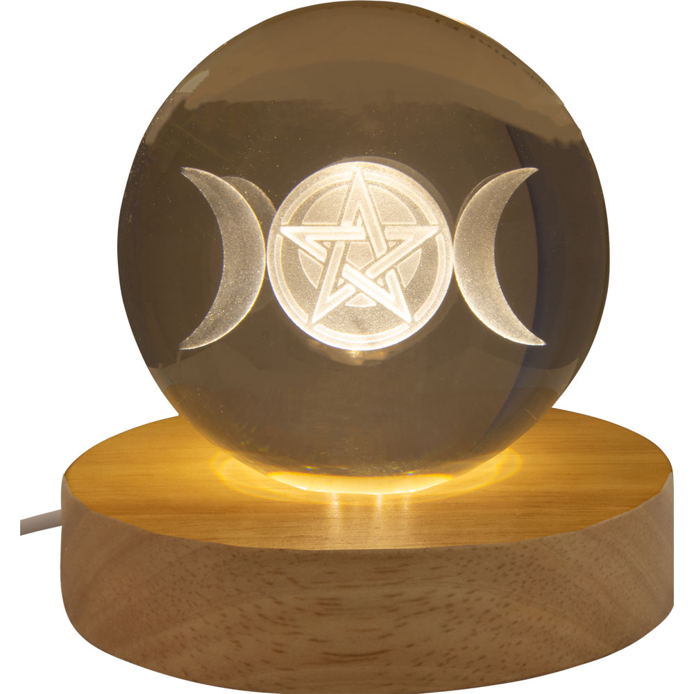 Glass Crystal Ball - 3D LASER Engraved w/ Wood LED Light Base - Triple Moon w/ Pentacle (Each)