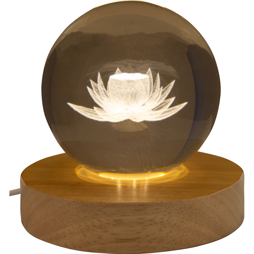 Glass Crystal Ball - 3D LASER Engraved w/ Wood LED Light Base - Lotus (Each)