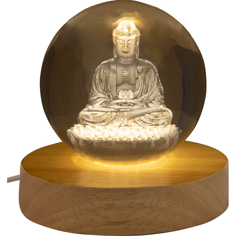 Glass Crystal Ball - 3D LASER Engraved w/ Wood LED Light Base - Buddha (Each)