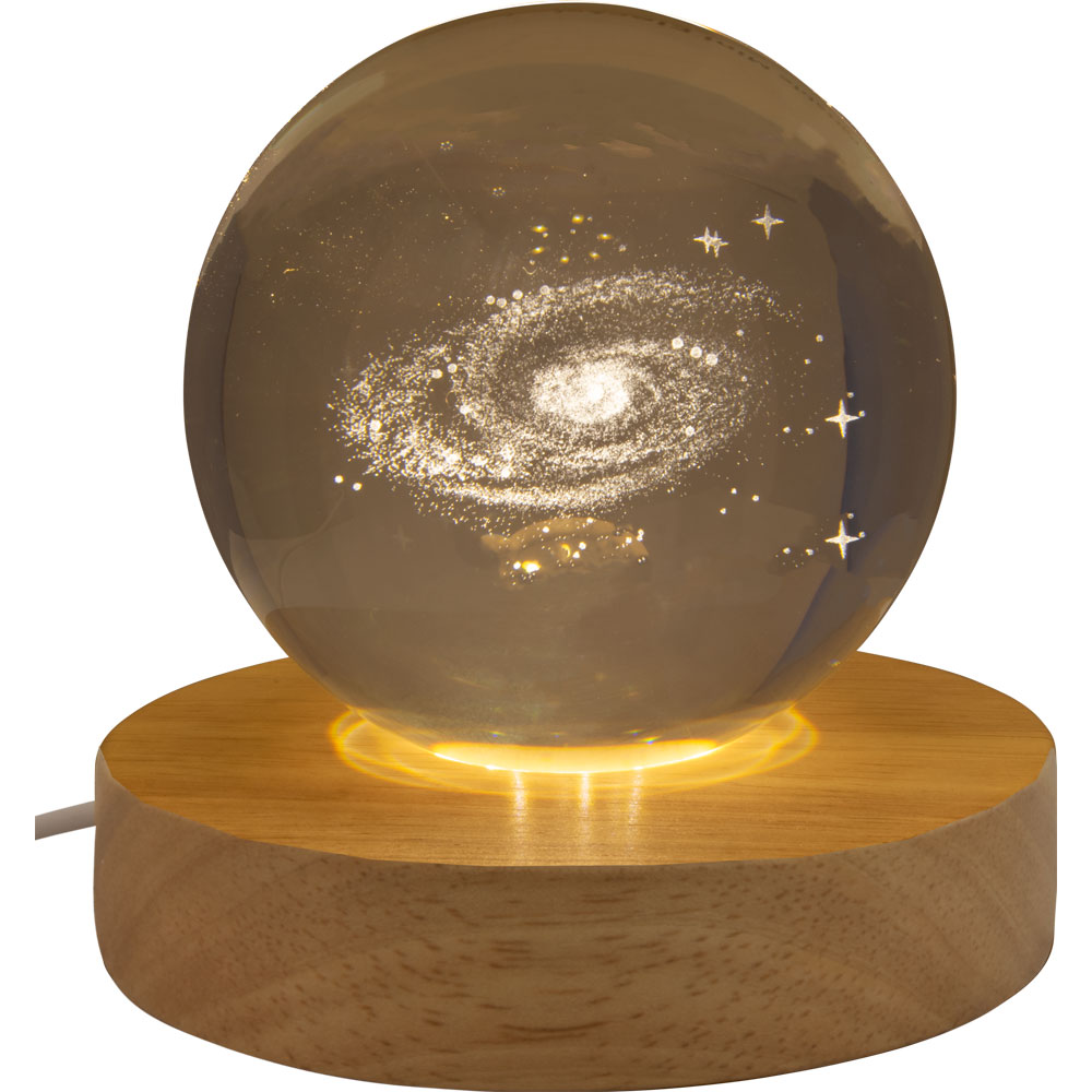 Glass Crystal Ball - 3D LASER Engraved w/ Wood LED Light Base - Galaxy (Each)