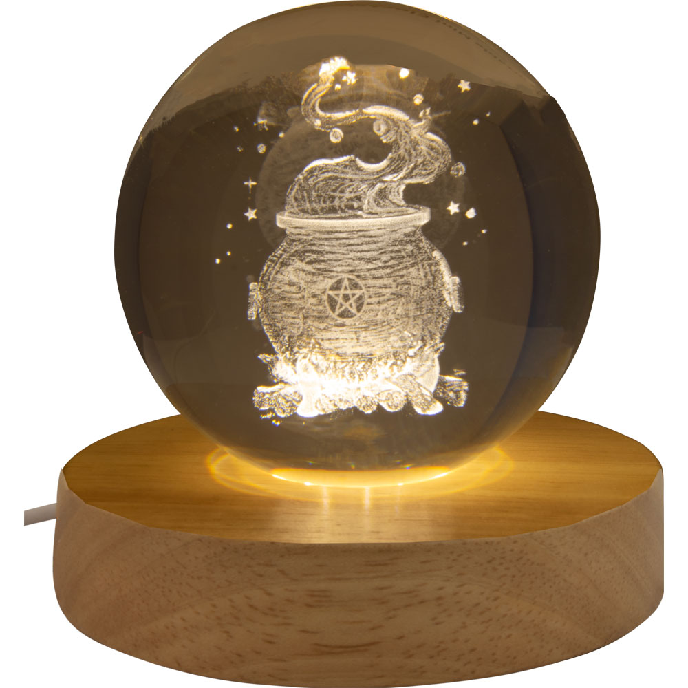 Glass Crystal Ball - 3D LASER Engraved w/ Wood LED Light Base - Magic Cauldron (Each)