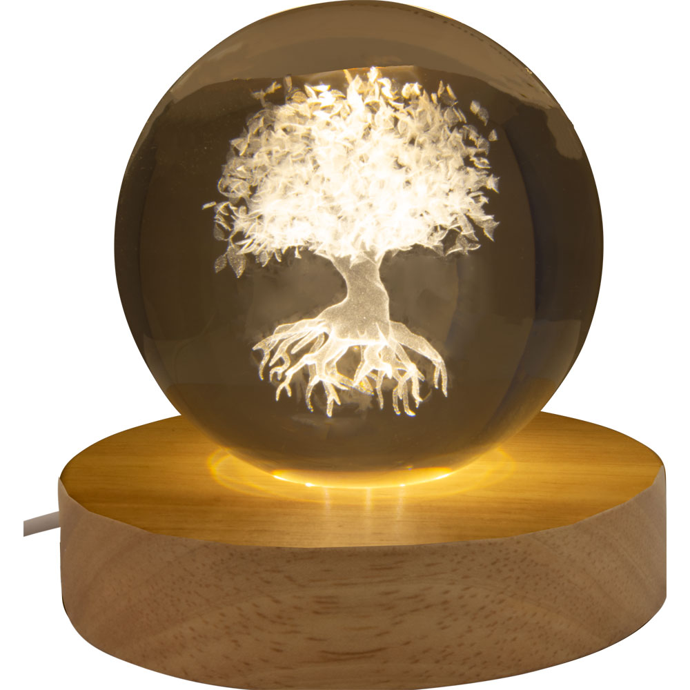 Glass Crystal Ball - 3D LASER Engraved w/ Wood LED Light Base - Tree of Life (Each)