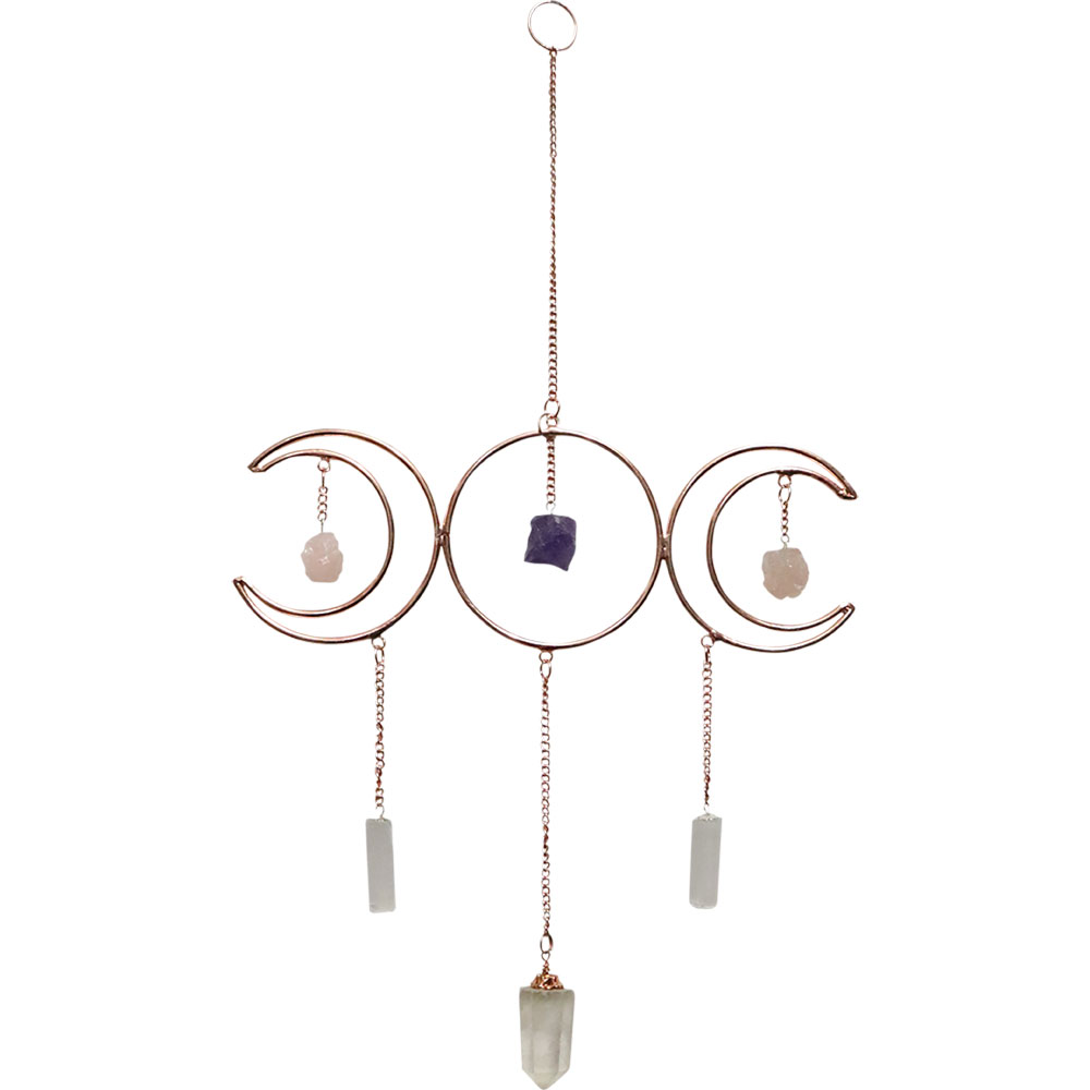 METAL Wall Hanging Triple Moon w/ Crystal Point & Gemstones - Copper (Each)