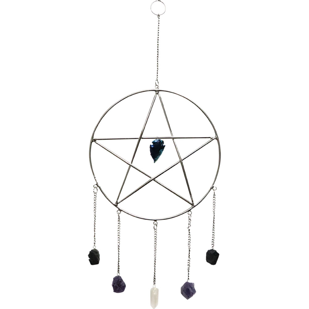 METAL Wall Hanging  Pentacle w/ Crystal Point & Gemstones - Antique Silver (Each)