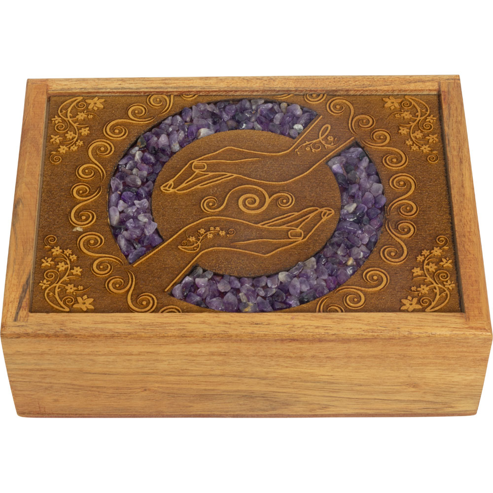 Velvet Lined Laser Etched Wooden Box - Healing Hands w/ AMETHYST Inlay (Each)