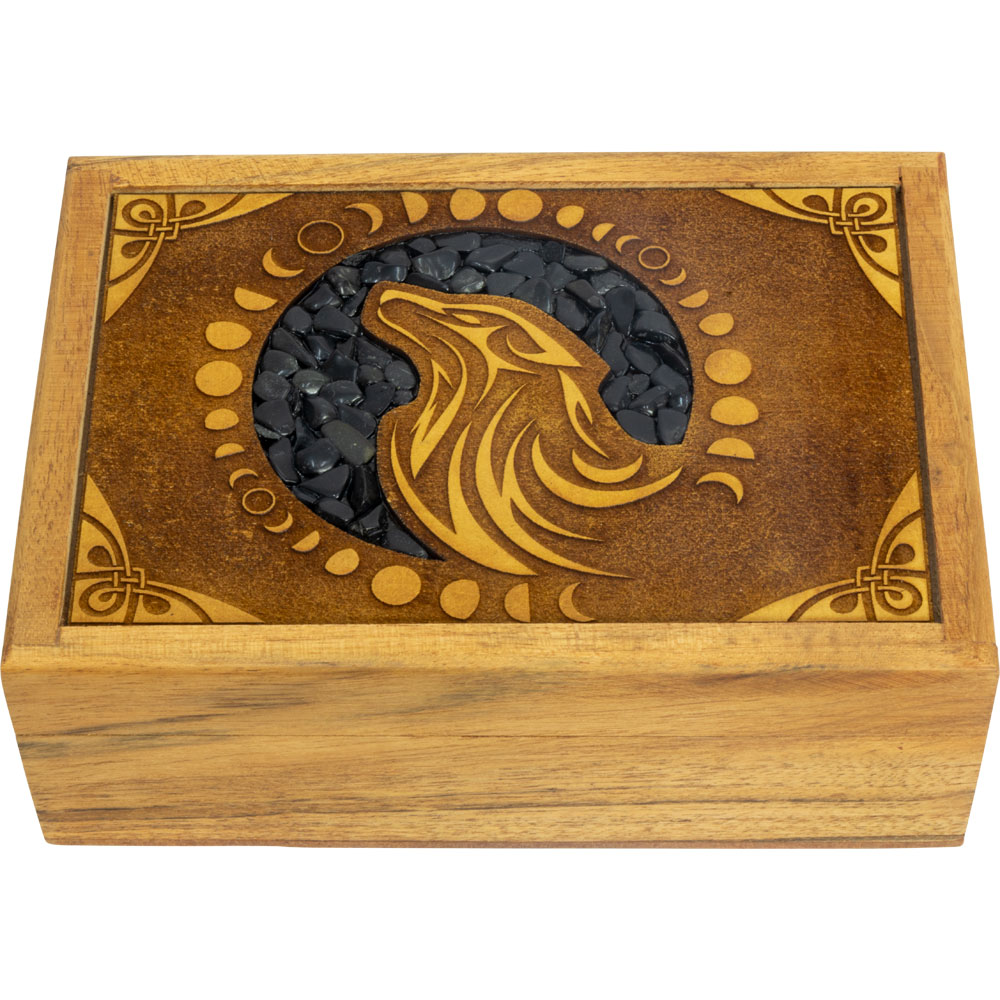 Velvet Lined LASER Etched Wooden Box - Wolf w/ Black Onyx Inlay (Each)