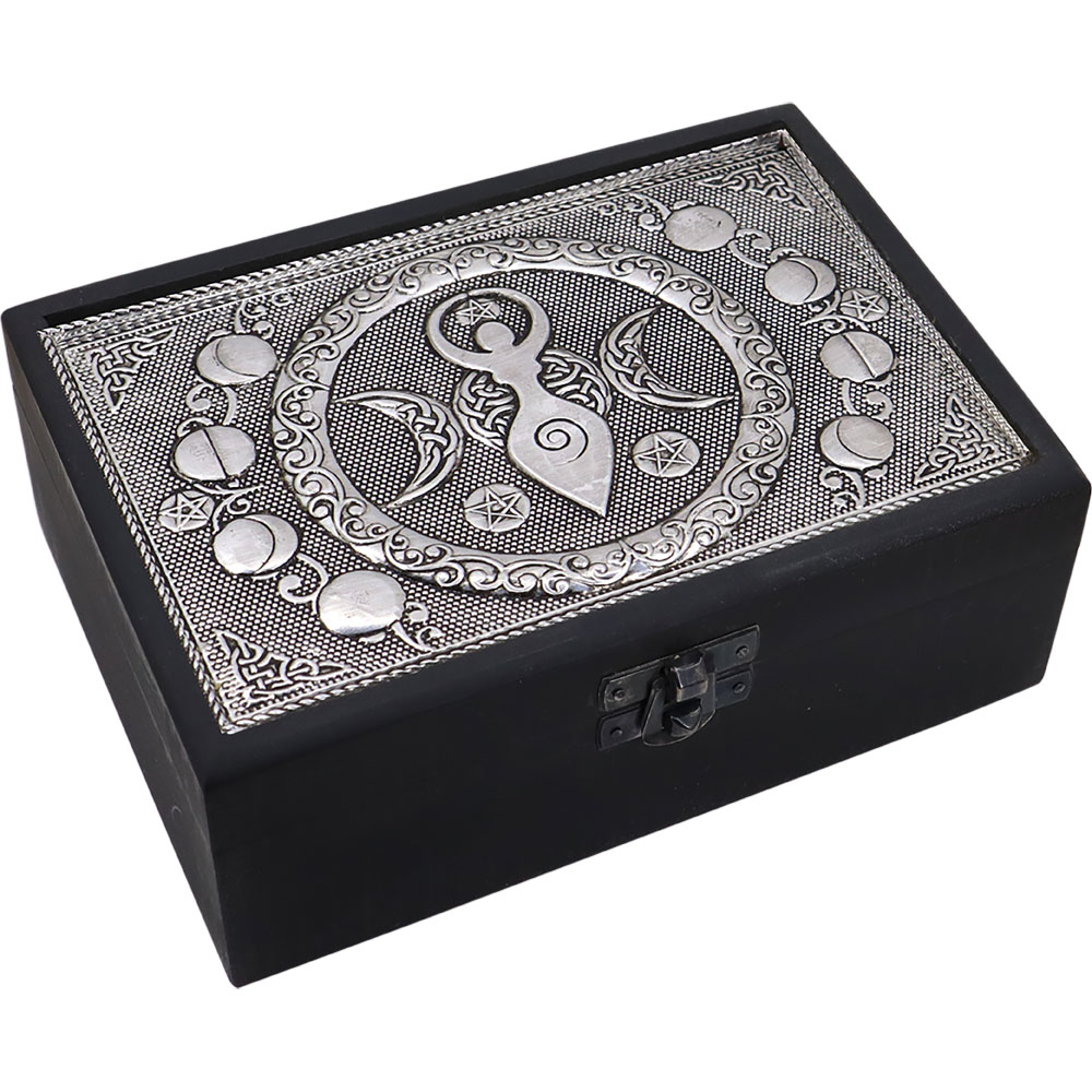 Velvet Lined Metal Top WOODEN BOX Triple Moon Goddess (Each)