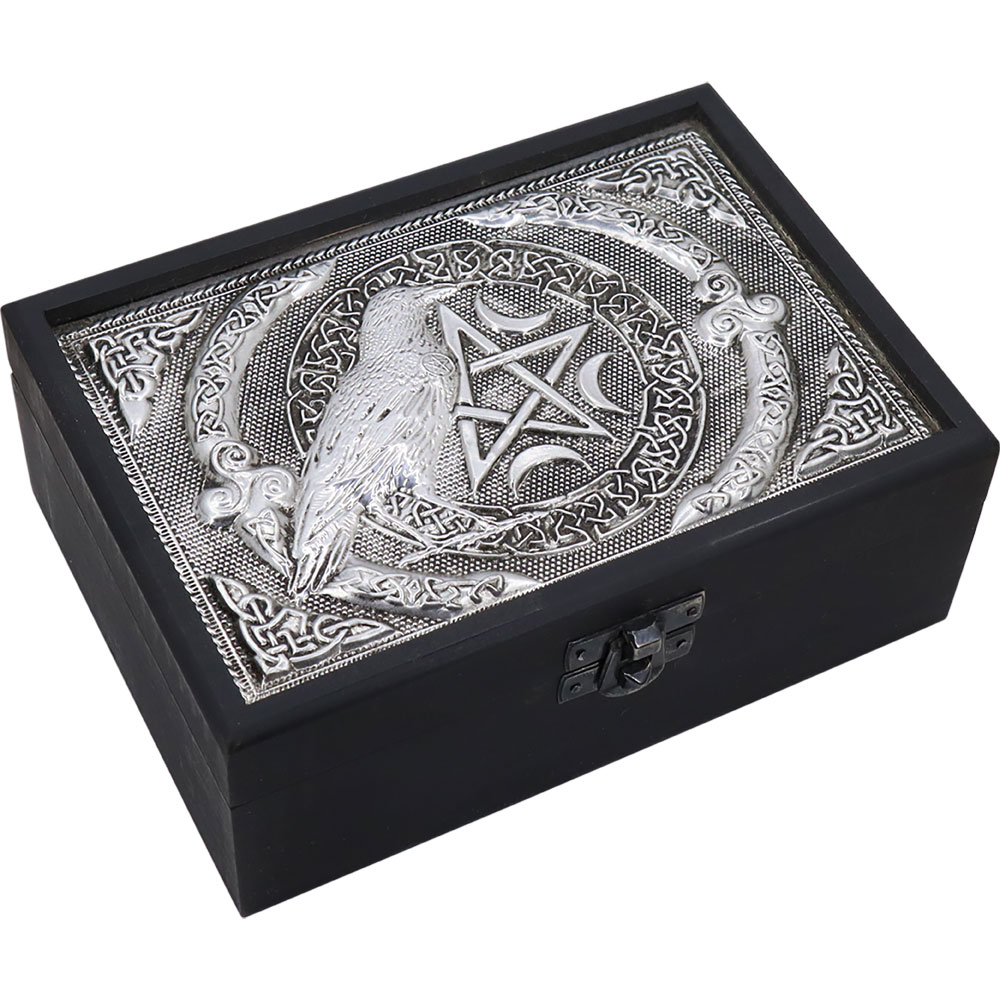 Velvet Lined Metal Top WOODEN BOX Raven w/ Pentacle (Each)