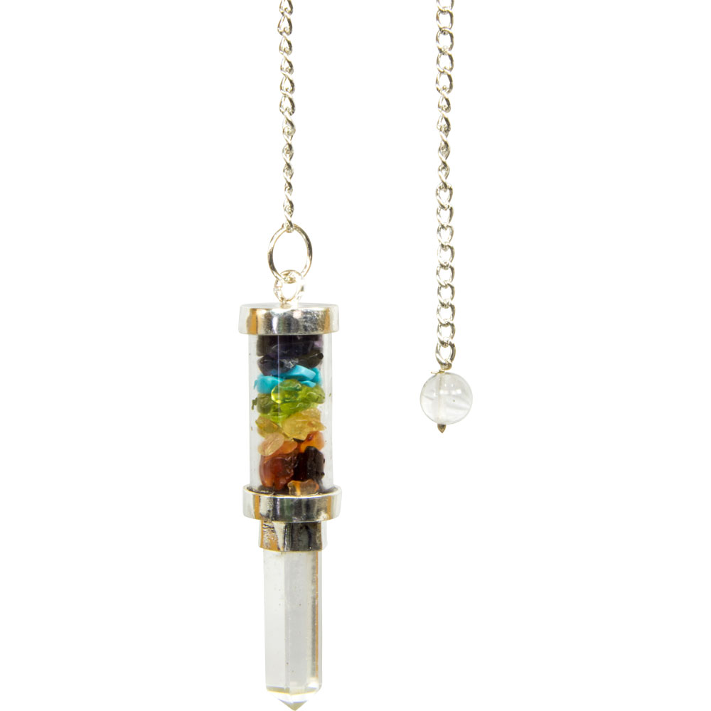 Glass Tube Pendulum w/ Chakras CHIPs & Crystal Point (Each)