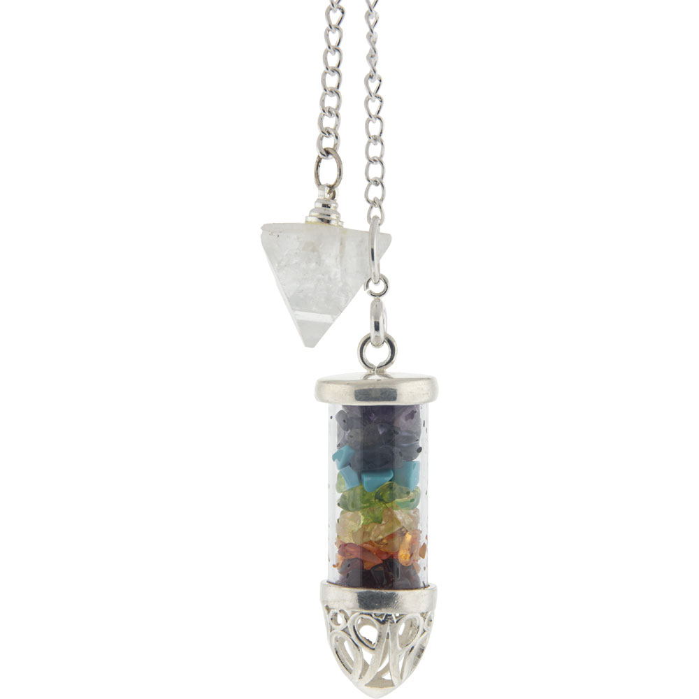 Pendulum Glass Tube w/ Chakra CHIPs & Antique Silver Tip (Each)