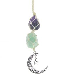 Hanging Rough Crystal String w/ Moon - Amethyst & Green Aventurine (Each)