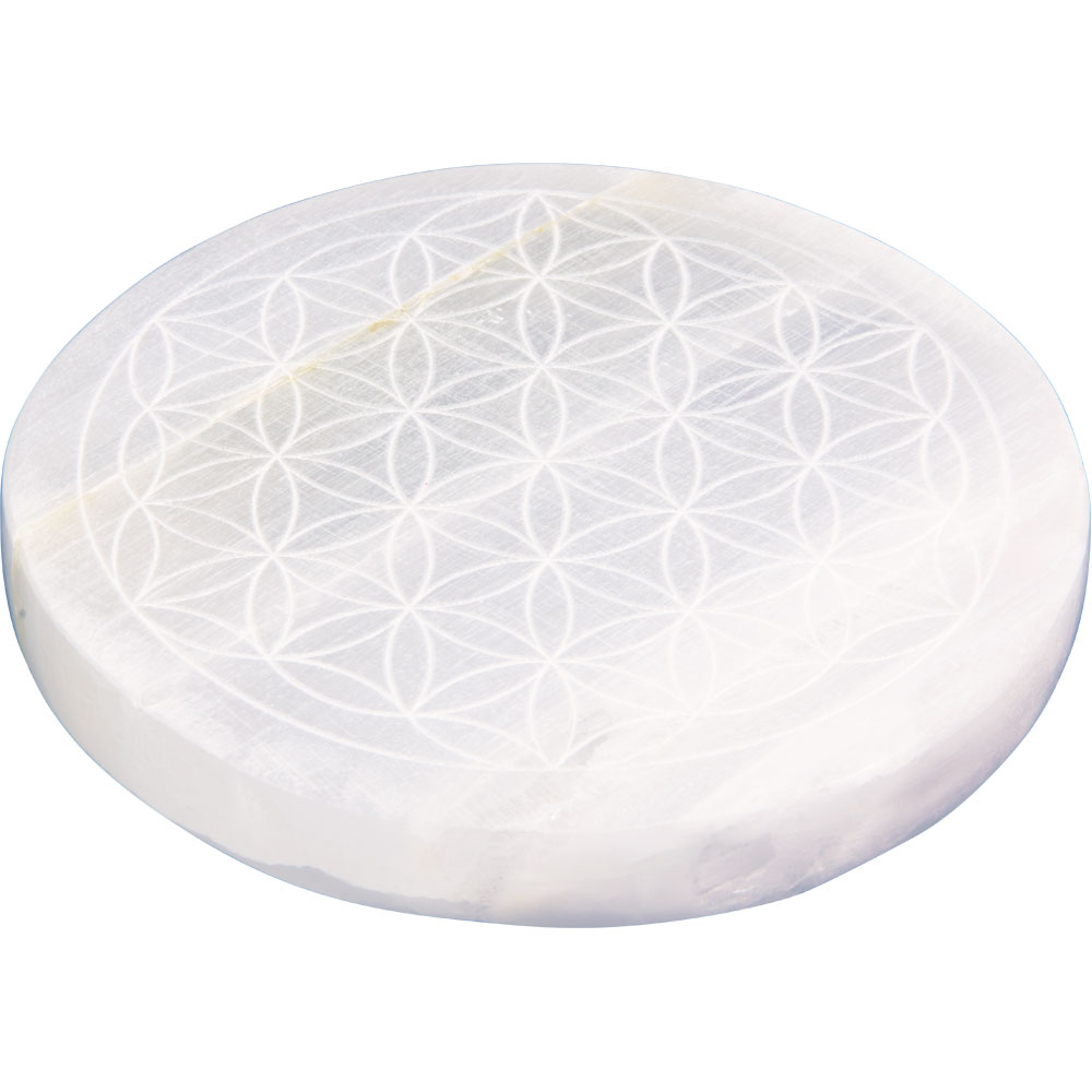 Polished Selenite Charging Disk w/ FLOWER of Life - Medium (Each)