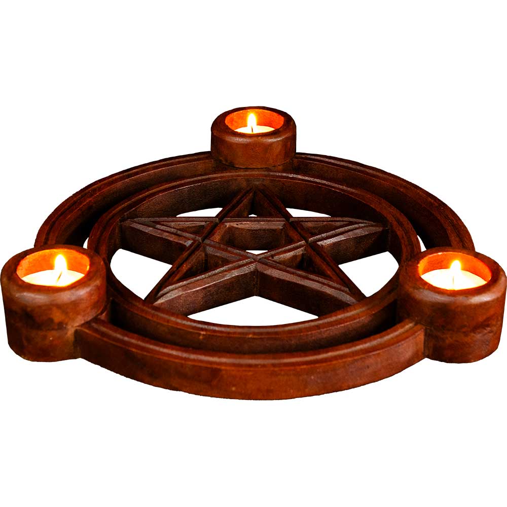 Wood Triple CANDLE Holder - Pentacle (Each)