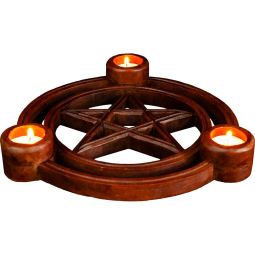 Wood Triple Candle Holder - Pentacle (Each)