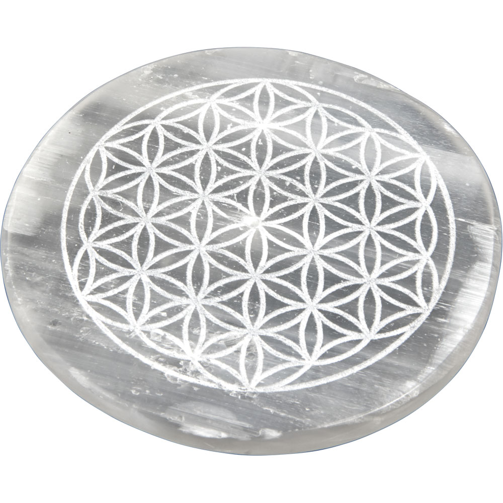 Selenite INCENSE Holder Round w/ Flower of Life (Each)