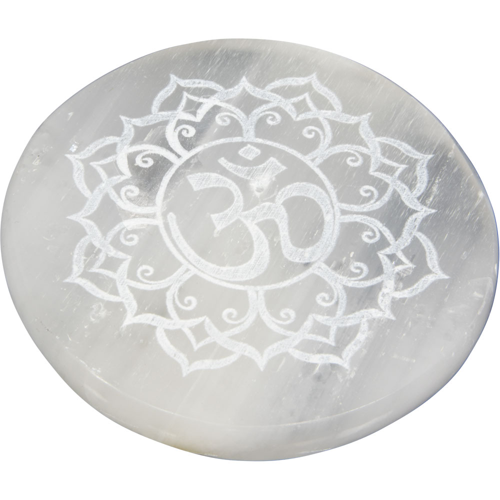 Selenite INCENSE Holder Round w/ Om (Each)