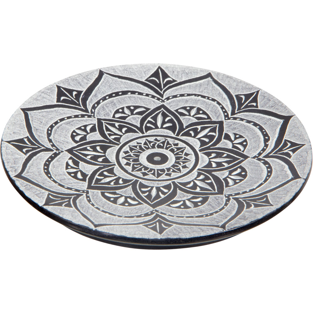 Soapstone Round INCENSE Holder - Lotus Mandala - Black (Each)