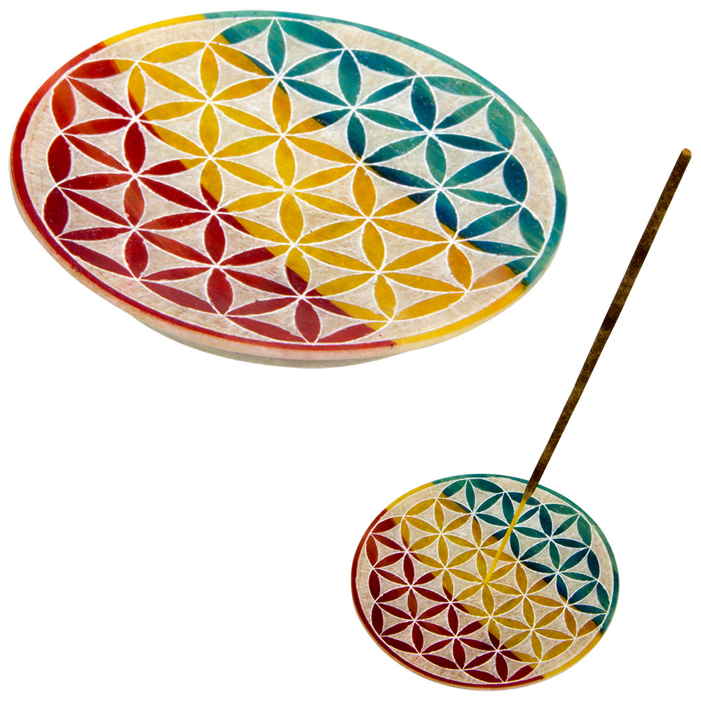 Soapstone Round INCENSE Holder - Flower of Life - Natural (Each)