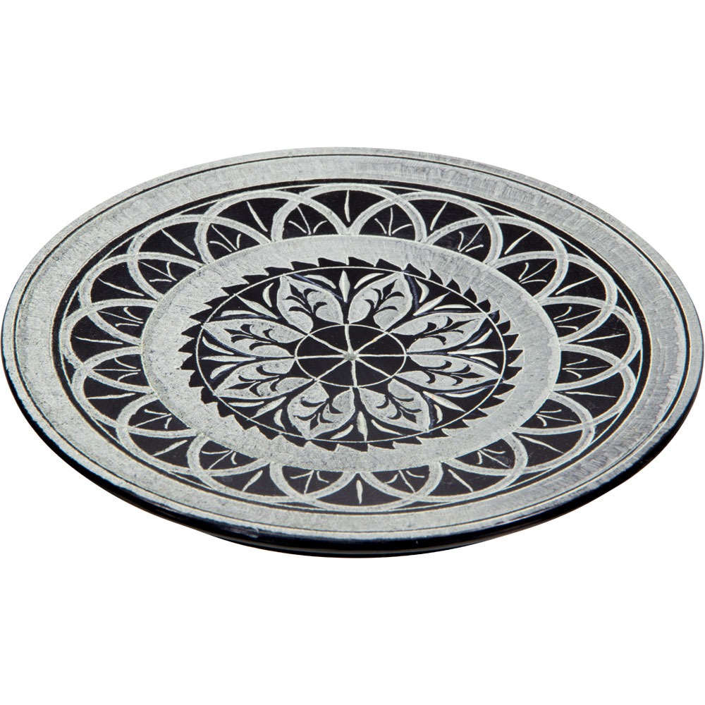 Soapstone Round INCENSE Holder - Mandala - Black (Each)