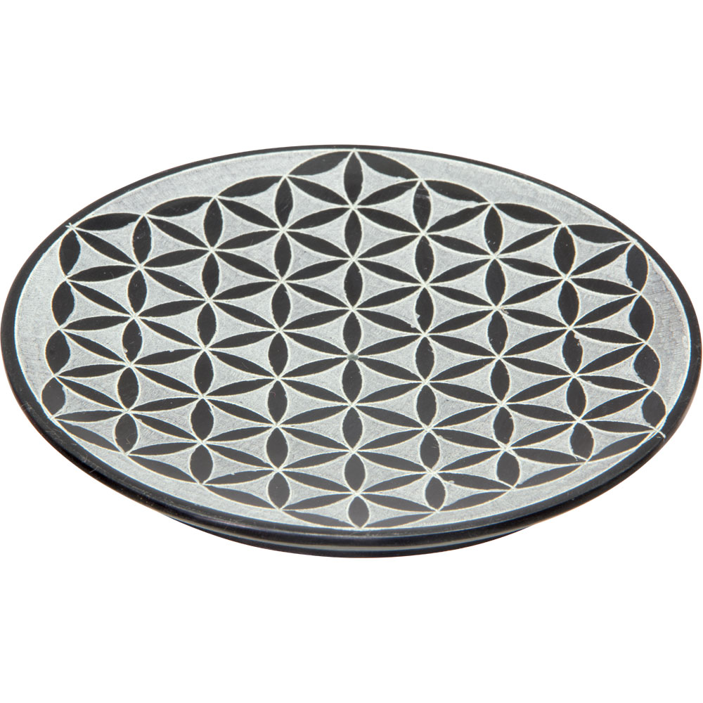 Soapstone Round INCENSE Holder - Flower of Life - Black (Each)