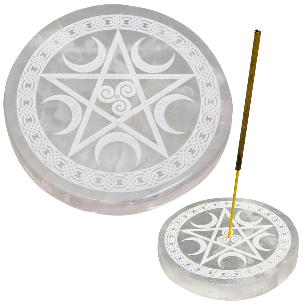 Selenite INCENSE Holder Round w/ Pentacle (Each)