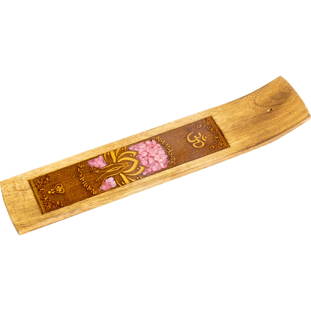 LASER Etched Wood Incense Holder - Namaste w/ Rose Qtz Inlay (Each)