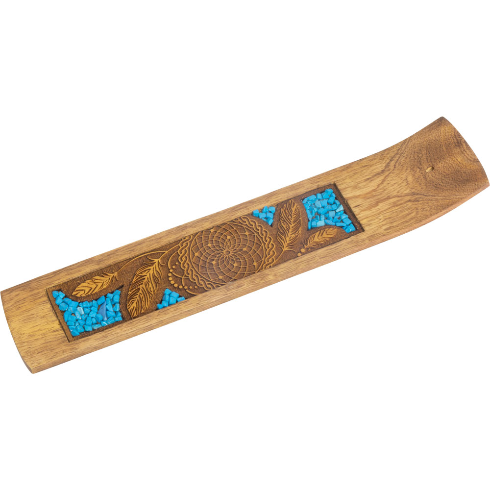 LASER Etched Wood Incense Holder - Dreamcatcher w/ Turquoise Inlay (Each)