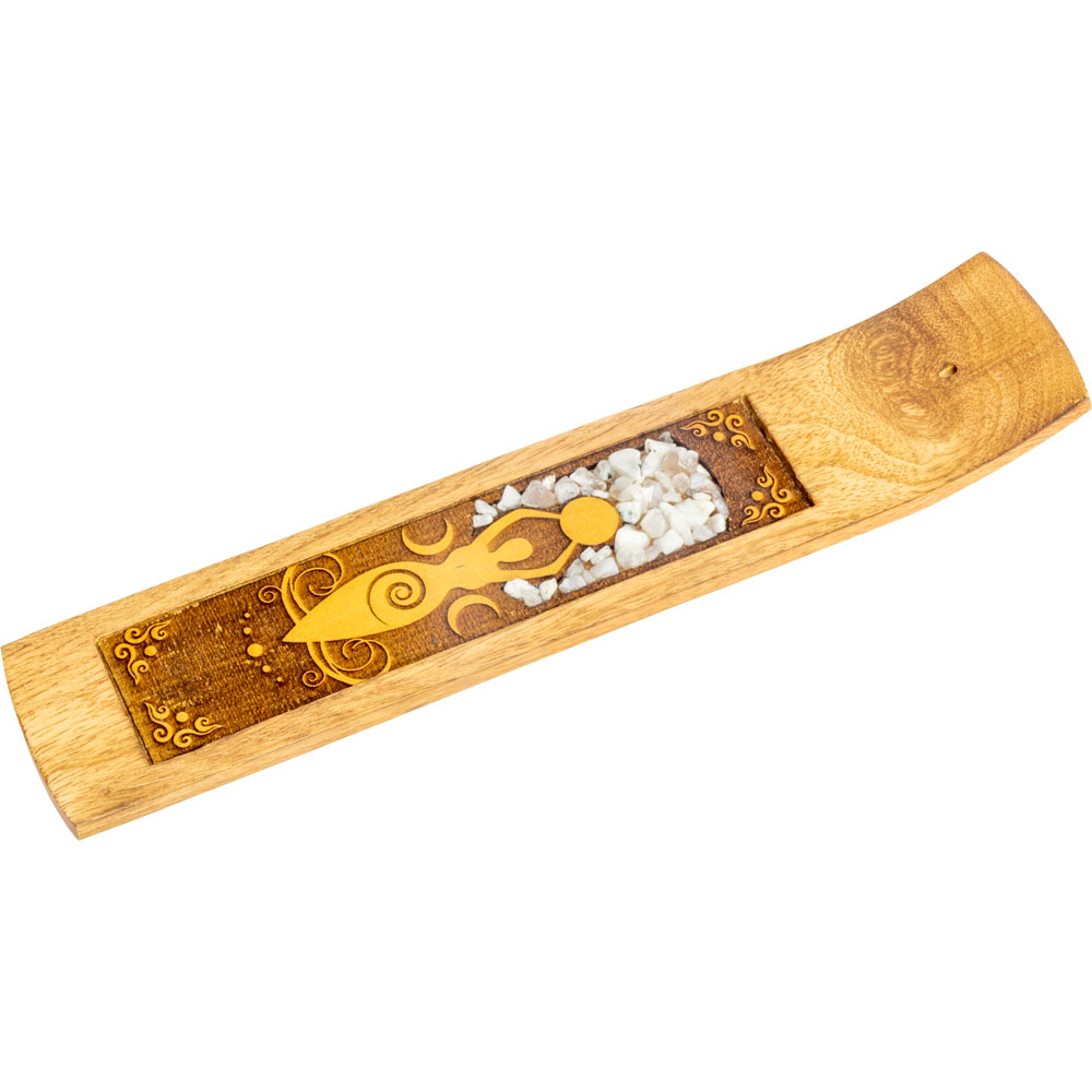 LASER Etched Wood Incense Holder - Moon Goddess w/ Rainbow Moonstone Inlay (Each)