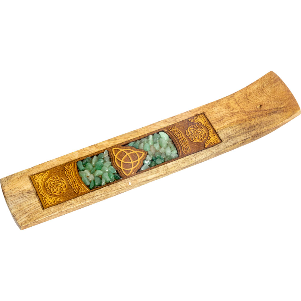 LASER Etched Wood Incense Holder - Triquetra w/ Green Aventurine Inlay (Each)