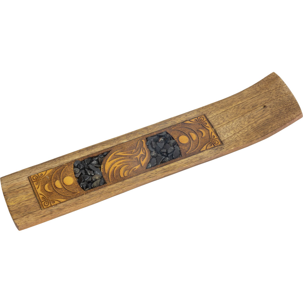 LASER Etched Wood Incense Holder - Wolf w/ Black Onyx Inlay (Each)