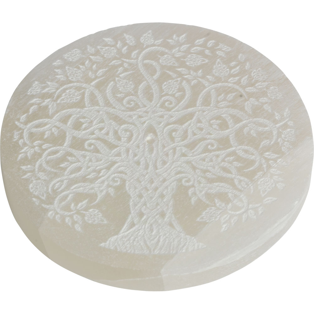 Selenite Round INCENSE Holder - Tree Of Life