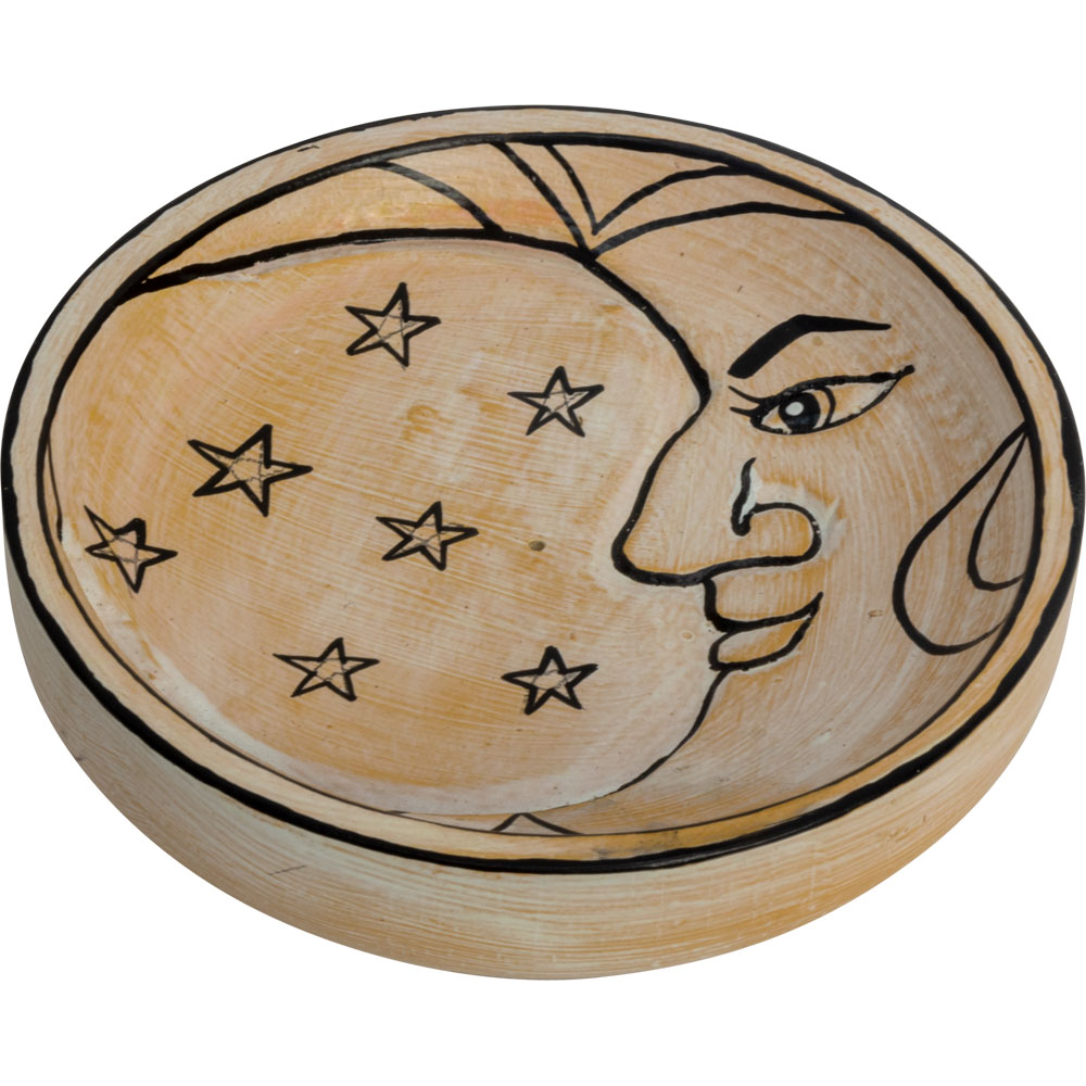 Wood Round INCENSE Holder White Washed - Celestial Moon (Each)