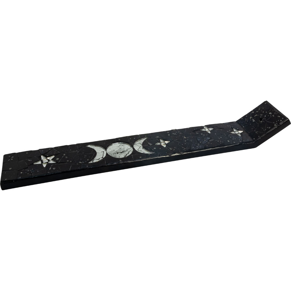 Wood INCENSE Holder Glass Mosaic 13.5in - Triple Moon - Black (Each)