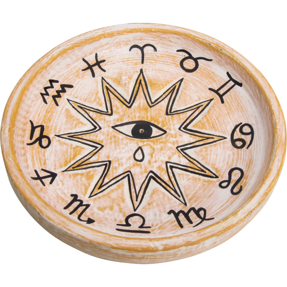 Wood Round INCENSE Holder White Washed - Zodiac (Each)