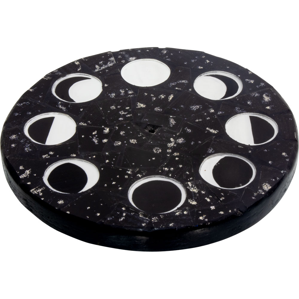 Wood Round INCENSE Holder Glass Mosaic - Moon Phases - Black (Each)