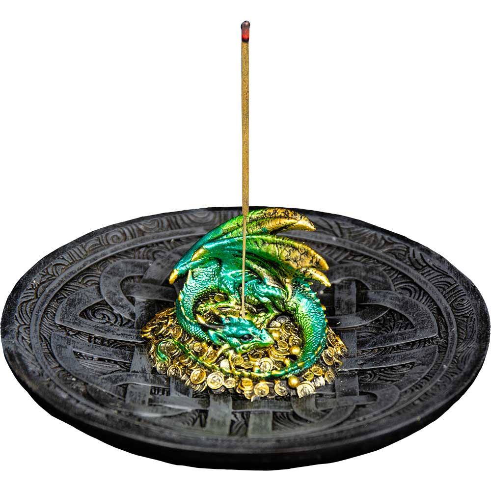 Polyresin Incense Holder - Green DRAGON w/ Celtic Shield Knot (Each)