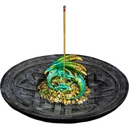 Polyresin Incense Holder - Green Dragon w/ Celtic Shield Knot (Each)