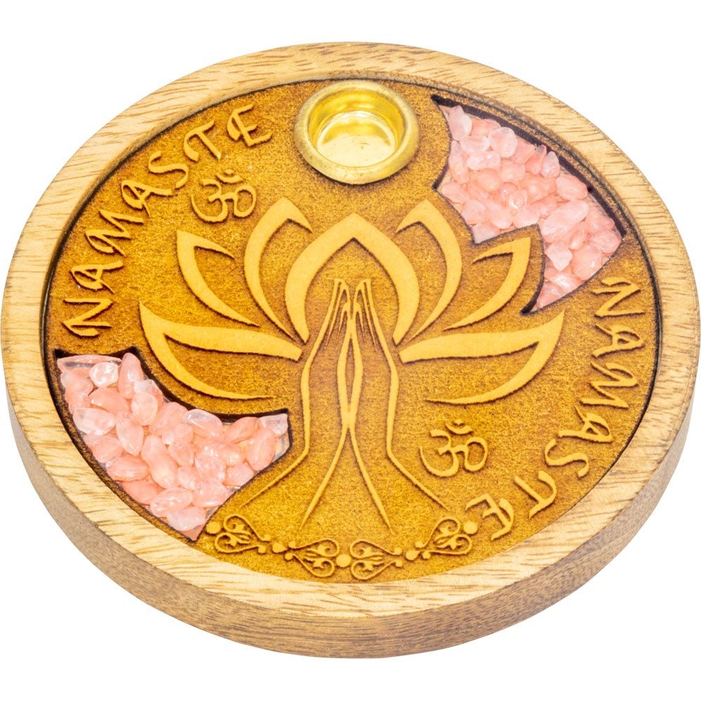 LASER Etched Wood Round Incense Holder - Namaste w/ Rose Qtz Inlay (Each)