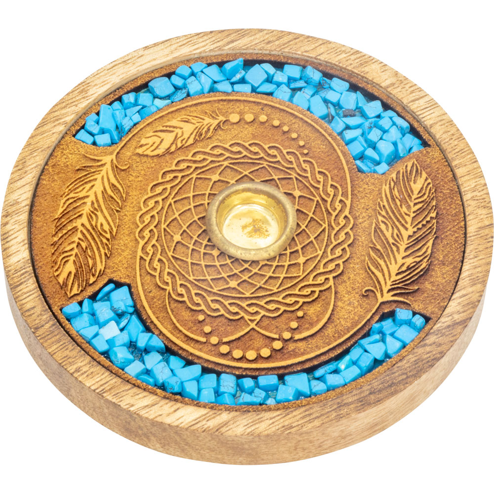 LASER Etched Wood Round Incense Holder - Dreamcatcher w/ Turquoise Inlay (Each)