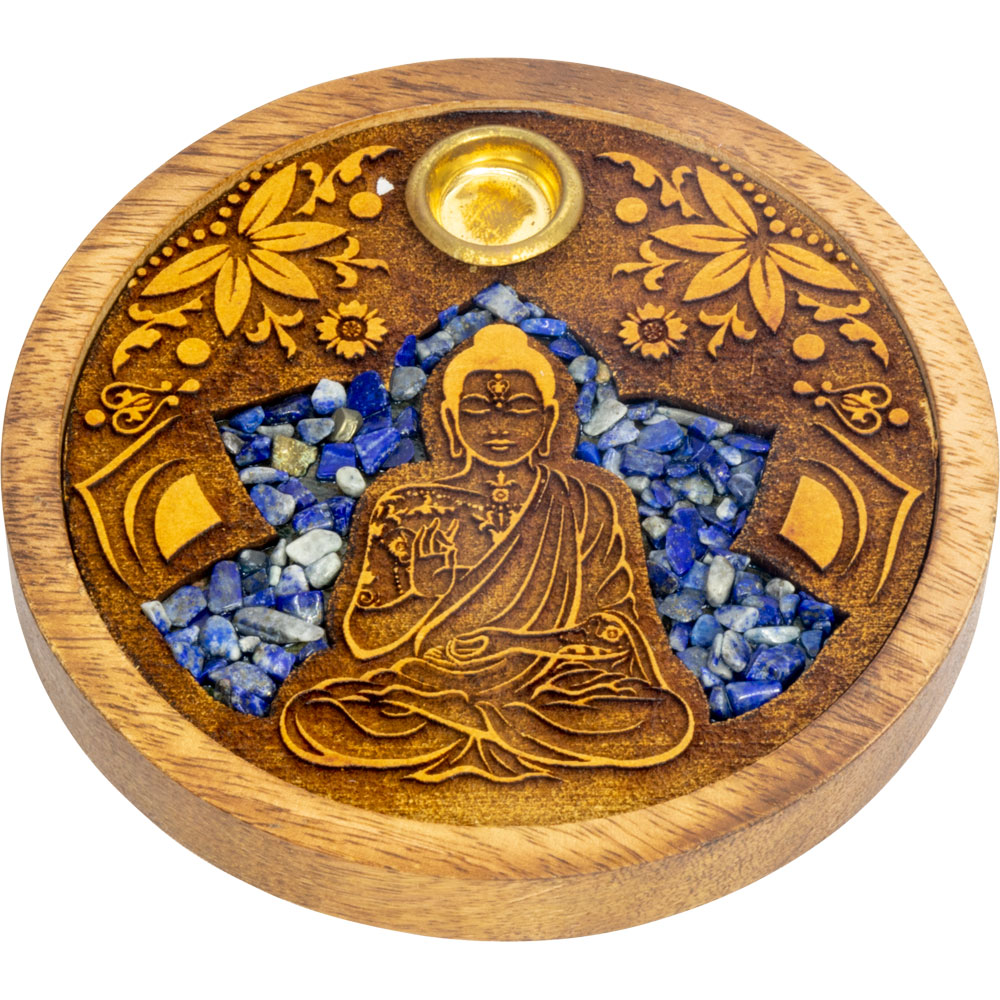 LASER Etched Wood Round Incense Holder - Buddha w/ Sodalite Inlay (Each)