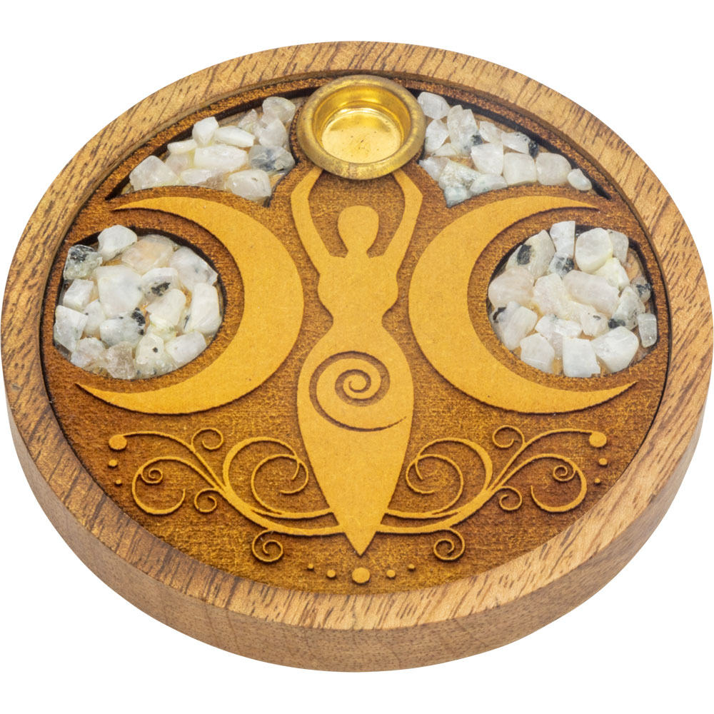 LASER Etched Wood Round Incense Holder - Moon Goddess w/ Rainbow Moonstone Inlay (Each)