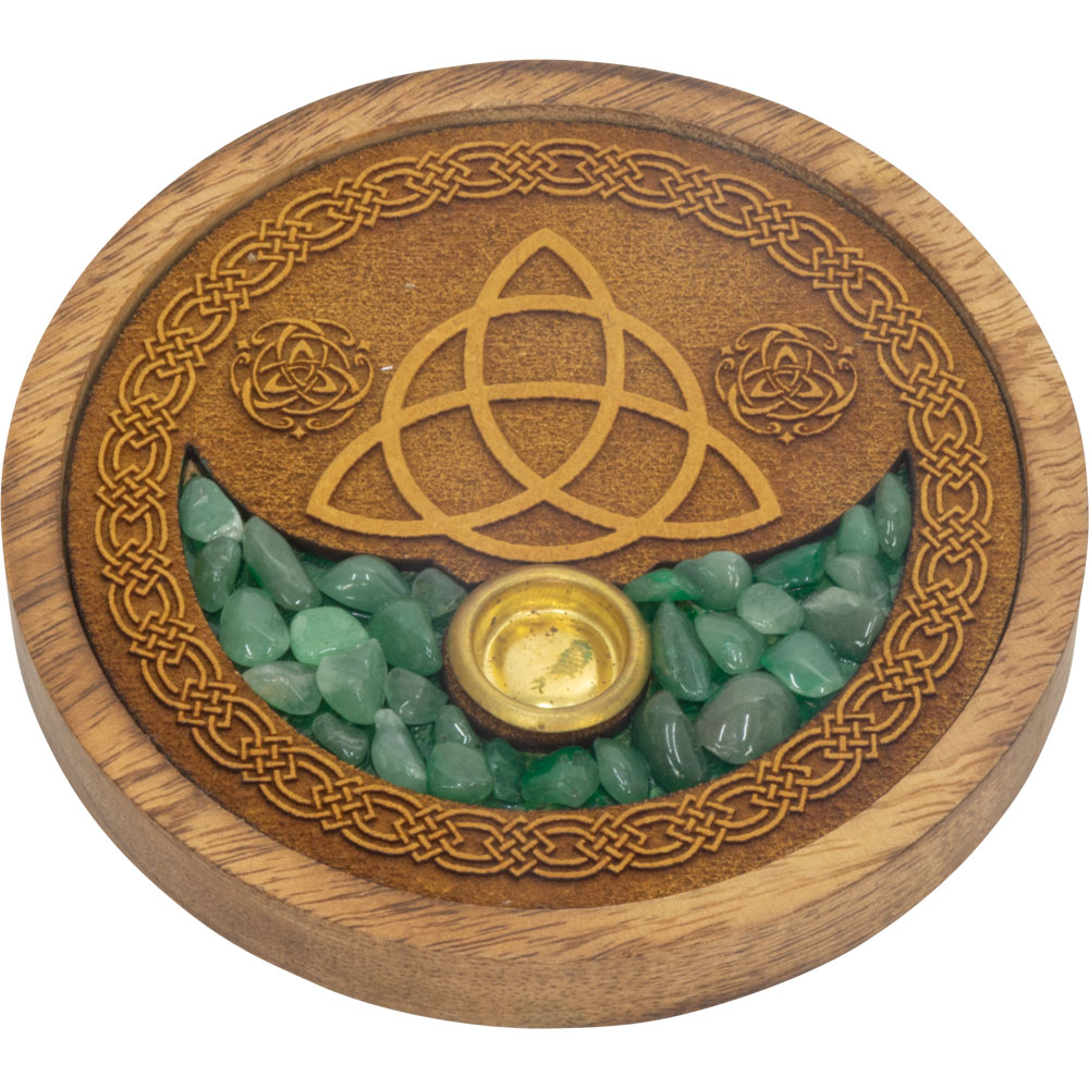 LASER Etched Wood Round Incense Holder - Triquetra w/ Green Aventurine Inlay (Each)