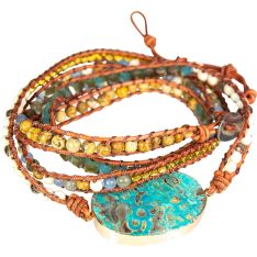 Wrap Bracelet Leather & Mixed Gemstones w/ Ocean Jasper Accent (Each)