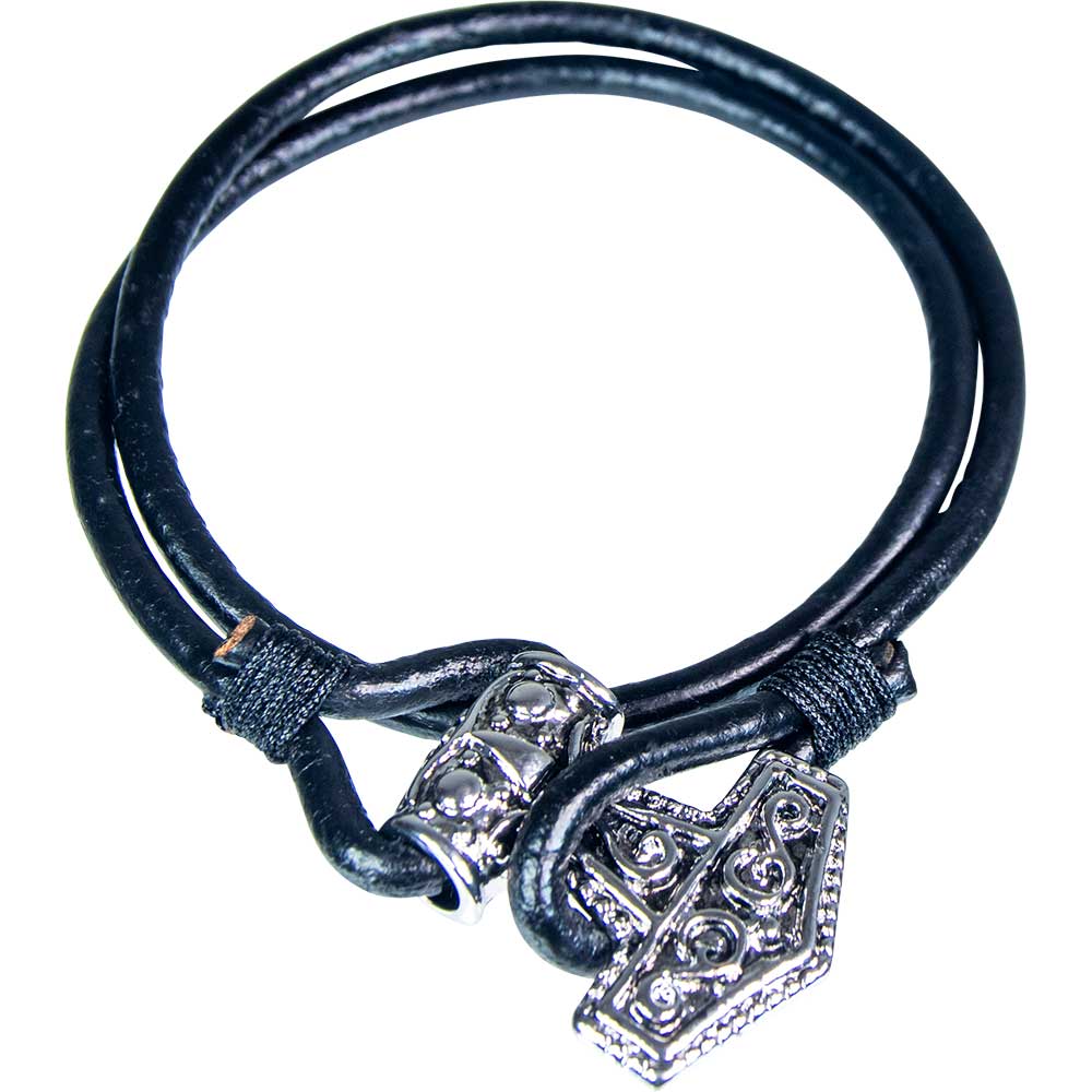 Leather Wrap Bracelet Black w/ Viking HAMMER (Each)