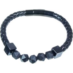 Leather Stainless Steel Clasp Bracelet Black w/ Black Ceramic Beads (Each)