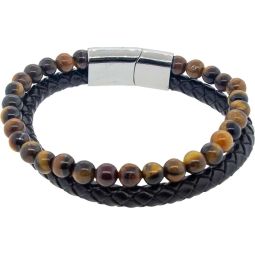 Leather Stainless Steel Clasp Double Bracelet 8mm Bead - Black w/ Tiger Eye (Each)